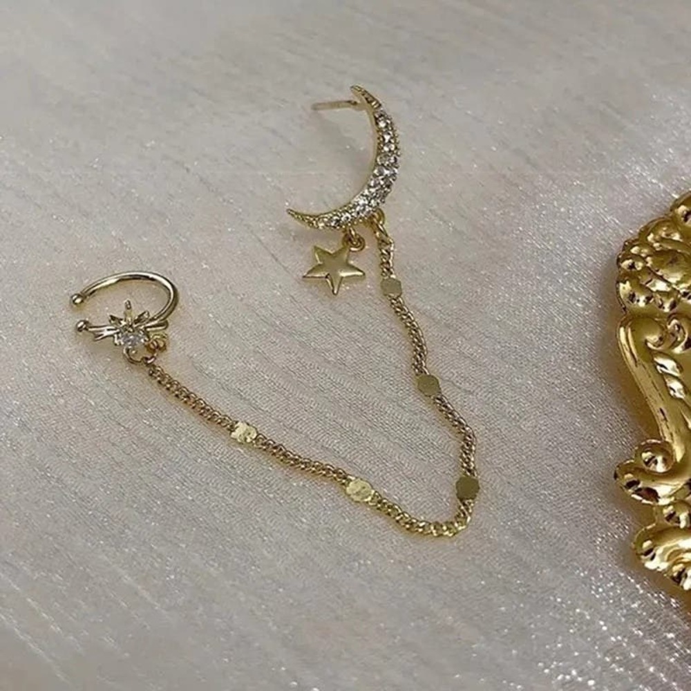 Boho Golden Crescent Moon and Stars Dreamer Cuff Chain Earrings Gold A0128 - Picture 8 of 12